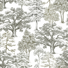 Beautiful seamless pattern with hand drawn forest trees. Stock illustration. - 668489663