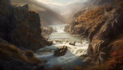 Majestic mountain peak, tranquil landscape, flowing water, autumn forest generated by AI