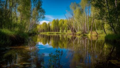 Fototapeta na wymiar Tranquil scene nature beauty reflected in the peaceful pond generated by AI