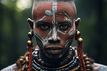 Portrait of a serious man of a traditional primitive African tribe