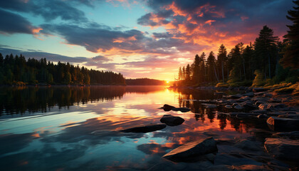 Fototapeta premium Tranquil sunset reflects on serene water, nature majestic beauty generated by AI