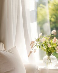 beautiful flower vase near window curtain morning sunlight from window freshness moment home interior abckground
