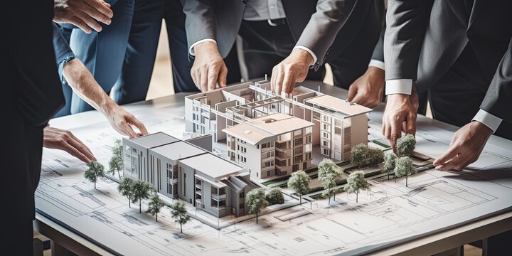 architecture and engineer team brainstorm ideas sharing analysis mass model building study with concentrate and focus together in meeting room daylight architecture ideas concept