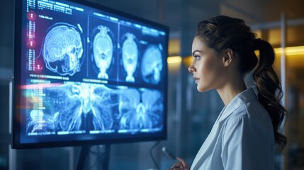 Medical Science Hospital: Neuroscientist Looks at TV Screen with MRI Scan with Brain Images. Health Clinic Lab:Professional Physicians Look at Functioning CT Scan Find Treatment. Generative AI