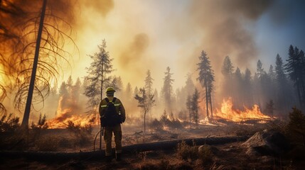 Rear view of a firefighter putting out a forest fire. Global warming concept