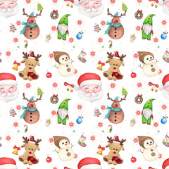 Obraz premium Christmas seamless pattern featuring Santa, Rudolph the Reindeer, Snowman, and an elf, with colorful snowflakes and tiny decorations on a black background. It can be used for wrapping paper, fabrics, 