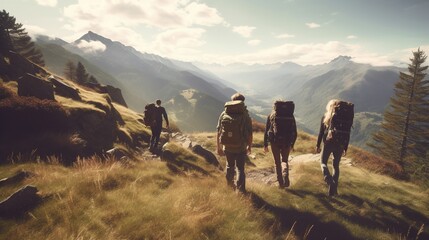 Obraz premium Candid Photo of Friends Hiking Together in the Mountains. Adventure Journey Concept 