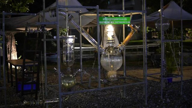 Chemistry Lab, Distillation Of Liquid Mixtures, Chemical Science Reaction Unit With Fractionating Column.