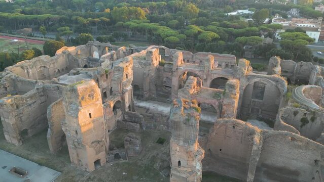 Cinematic Drone Flight Above Baths of Caracalla, Rome Italy. Sunrise