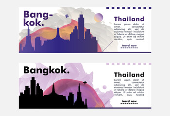 Thailand Bangkok city banner pack with abstract shapes of skyline, cityscape, landmark. Travel vector horizontal illustration layout set for brochure, website, page, presentation, header, footer