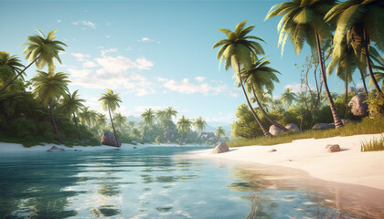 Idyllic tropical coastline, palm trees sway, turquoise waters, peaceful relaxation generated by AI
