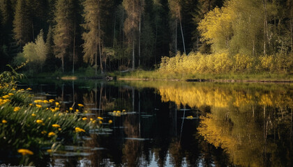 Tranquil scene of a yellow autumn tree reflecting in water generated by AI
