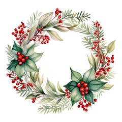 Naklejka premium Christmas wreath of red poinsettia and leaves. Watercolor illustration