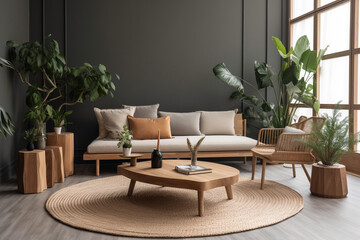Fototapeta premium Modern Scandinavian home interior design characterized by an elegant living room featuring a comfortable sofa, mid century furniture, cozy carpet, wooden floor, white walls, and home plants.