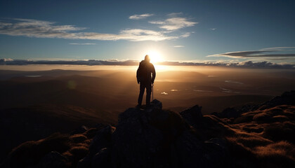 Man standing on mountain peak, admiring majestic sunset, achieving adventure generated by AI