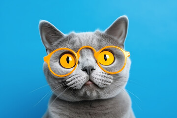 grey cat with yellow glasses, AI generated