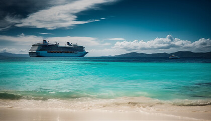 Fototapeta premium Blue wave travels to idyllic Caribbean coastline, transporting relaxation and beauty generated by AI