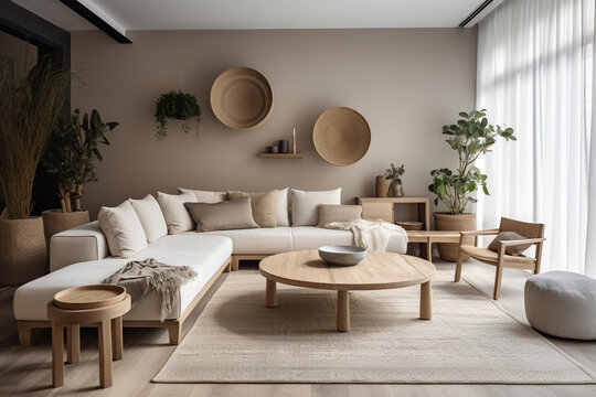 lights attached to wall in modern. Futuristic sci-fi abstract background, reflective concrete, empty space, Ethnic boho decor home interior, living room in warm brown color