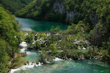 Naklejka na ściany i meble Tranquil scene of the Plitvice Lakes in Croatia with waterfalls surrounded by lush green foliage