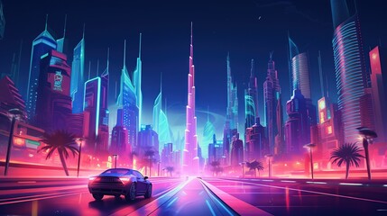 Postcard with Dubai, neon style