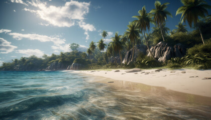 Idyllic tropical coastline, palm trees sway, waves crash, pure beauty generated by AI