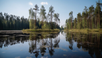 Fototapeta na wymiar Tranquil scene of a summer forest, reflecting in a peaceful pond generated by AI