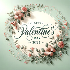 Fototapeta na wymiar Happy Valentine's Day 2024' Photo design complemented by a graceful floral border that traces the edges.