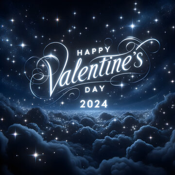 Happy Valentine's Day 2024' Rendered image showcasing a dark, navy-blue sky dotted with shimmering stars.