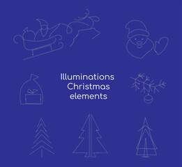 Christmas light set. Merry Christmas and Happy New Year. Set neon icon, label, emblem. Bright signboard, light banner. Vector illustration