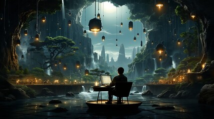 Mystic Moonlight: Captivating Silhouette Illustration of a City Night Scenery with Water, Tree, and Couples Embracing Love under a Starry Sky, generative AI