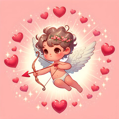 Illustration of a cute Cupid with curly hair and wings, poised to shoot an arrow.