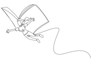 Continuous one line drawing brave woman flying with wings that come from an open big book. Metaphor carried away with the storyline. Constructive fantasy. Single line draw design vector illustration