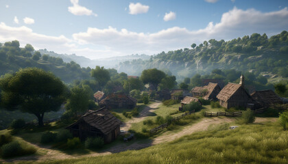 A tranquil meadow with green grass and a rustic farmhouse generated by AI