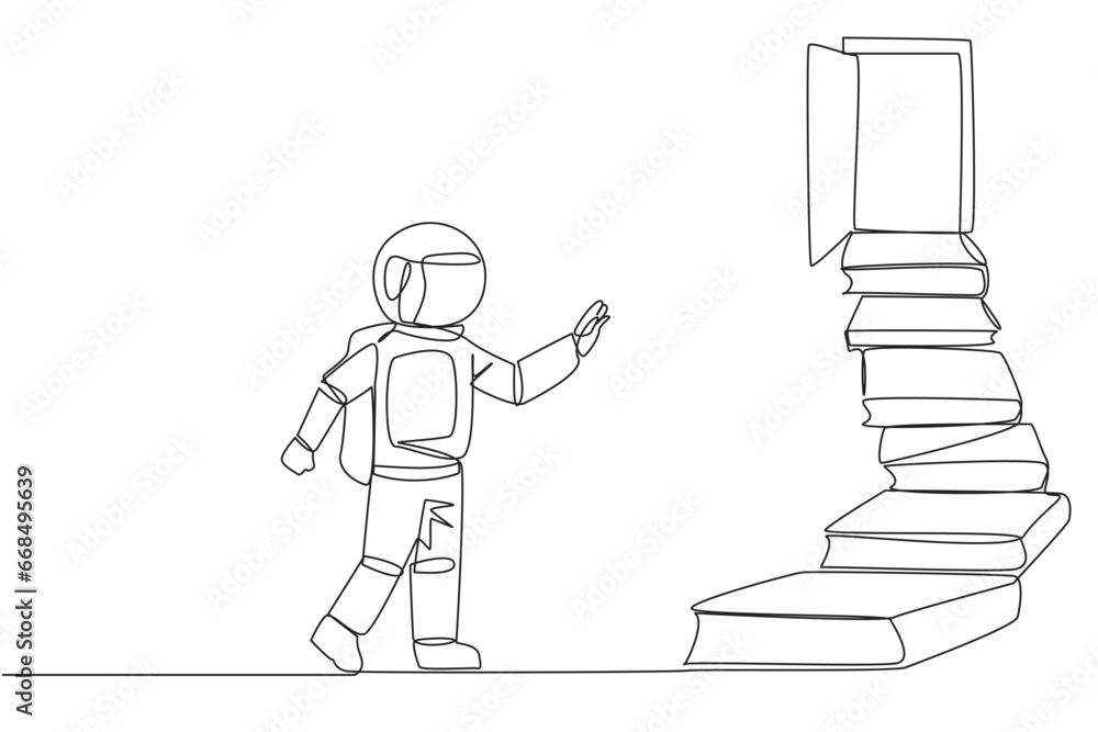 Poster single continuous line drawing astronaut climb stairs from the book stack. towards the wide open doo