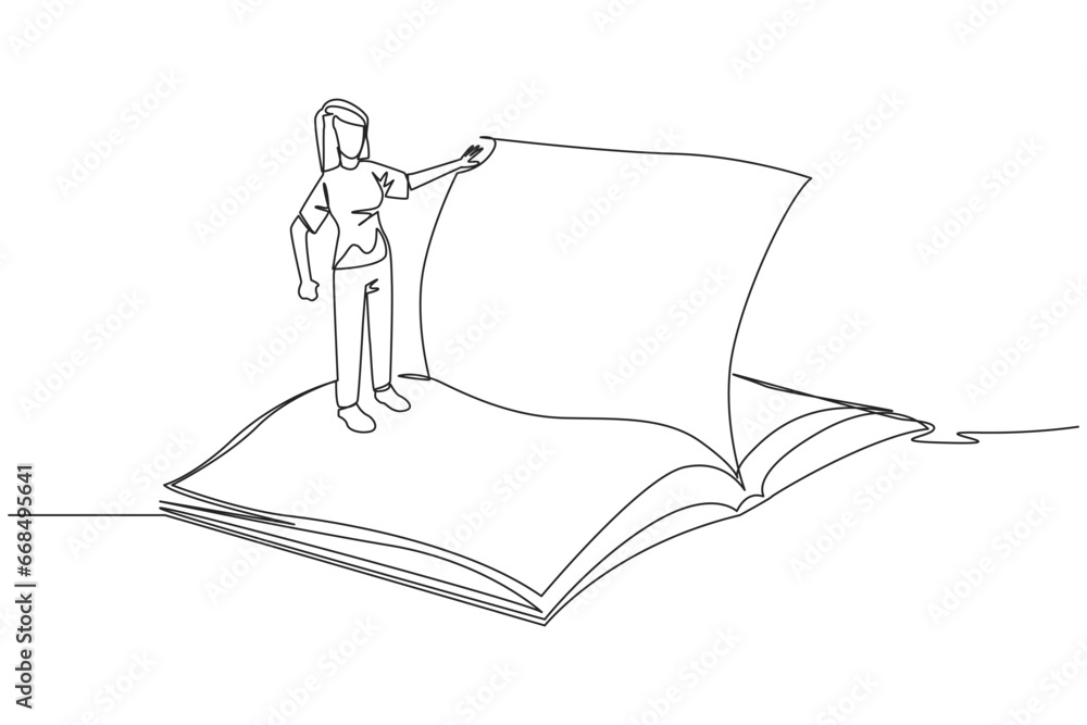 Poster continuous one line drawing woman standing over open ledger turning the page. read slowly to underst