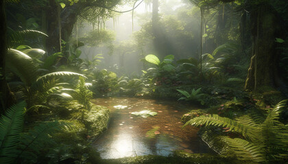 Mysterious tropical rainforest, lush ferns, fog, and tranquil water pond generated by AI