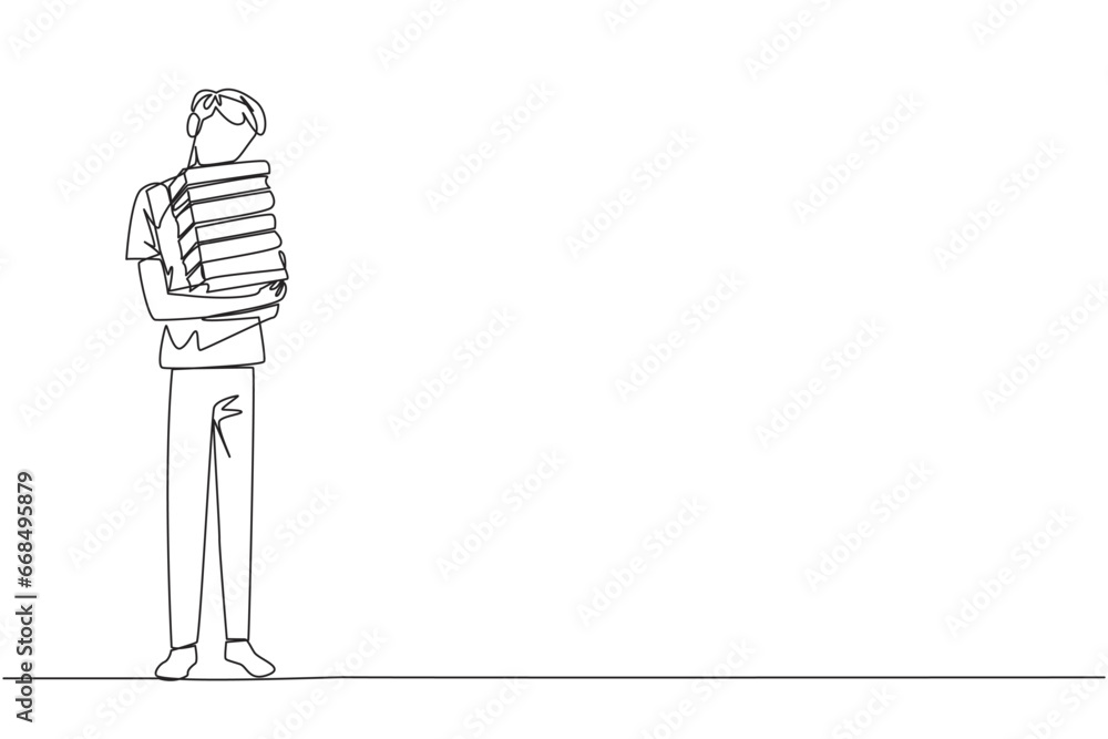 Poster continuous one line drawing man standing hugging some books. favorite book that finish reading. some