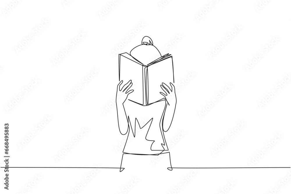 Poster single continuous line drawing woman seriously reading a book until cover the face. nervous when fac