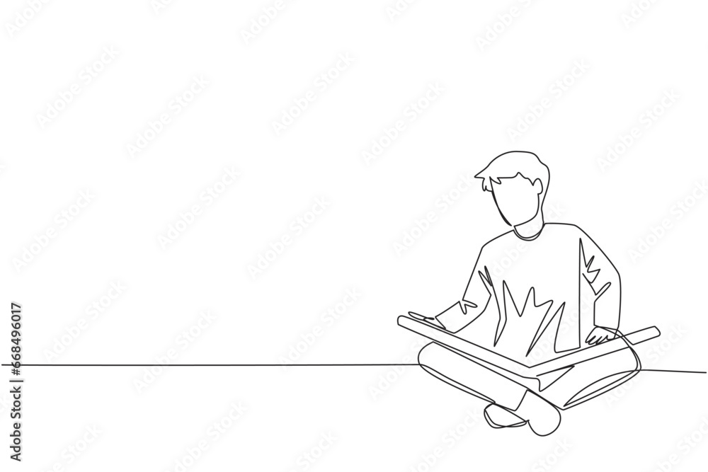 Poster continuous one line drawing man sit down and put reading book on feet. interesting to read the compl