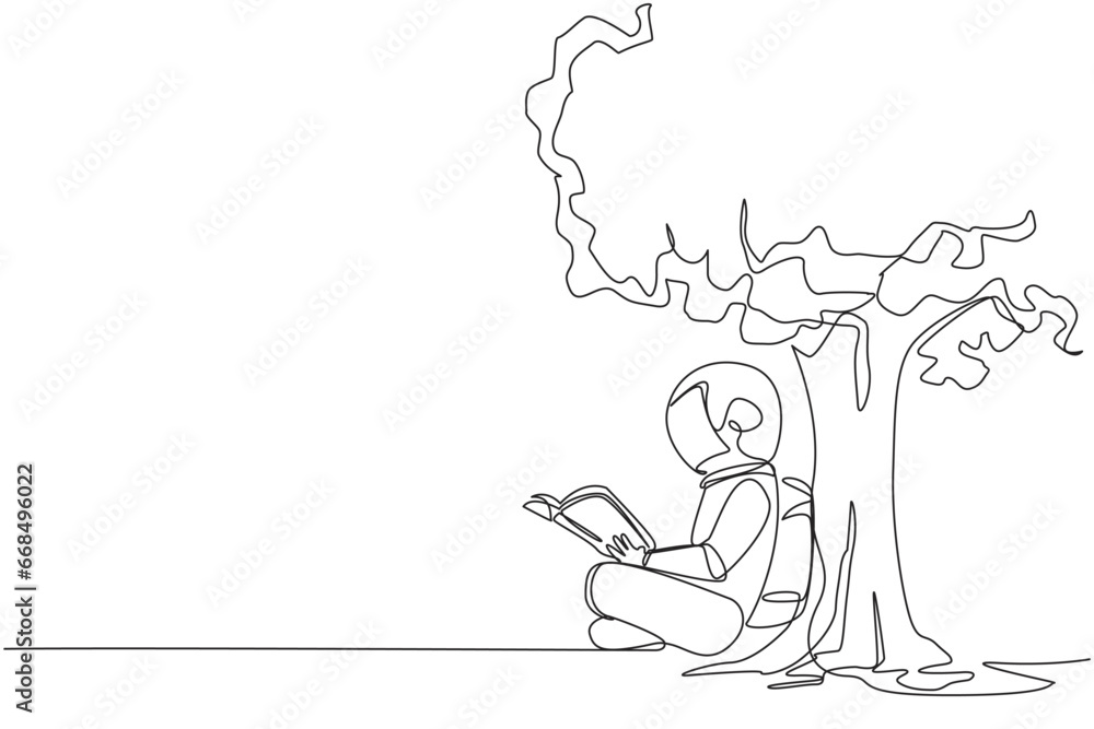 Poster single continuous line drawing astronaut sitting reading book under shady tree. continuing second vo