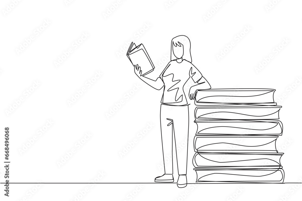 Aufkleber continuous one line drawing woman standing reading a book while leaning against a pile of large book