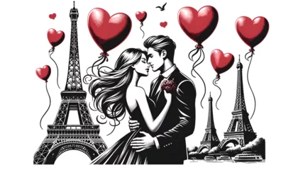 Foto op Canvas Art of a romantic moment in Paris during Valentine's Day. The couple, their faces close, is captured in an embrace near the Eiffel Tower. © Varun