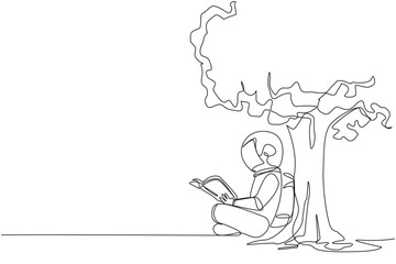 Single continuous line drawing astronaut sitting reading book under shady tree. Continuing second volume of the fiction story book. Enjoy reading. Book festival. One line design vector illustration