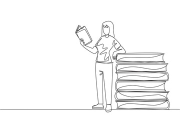 Continuous one line drawing woman standing reading a book while leaning against a pile of large books. Hobby of reading anywhere. Very happy when reading. Single line draw design vector illustration