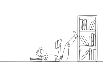 Single one line drawing man lying on back reading fiction story book near bookcase. Read slowly to enjoy the storyline. Hobby reading. Very good habit. Continuous line design graphic illustration