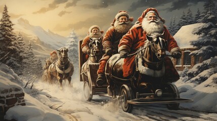 Christmas Postcard Santa Claus Friends Riding Xmas, Merry Christmas Background ,Hd Background