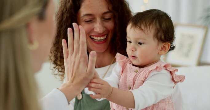 Mother, baby or high five with pediatrician doctor in medical life insurance check, children development progress or wellness success. Smile, happy girl or mom with healthcare worker in kids hospital