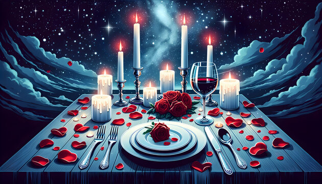 Art of a Valentine's Day dinner scene. A rectangular table set for two boasts of its romantic decor, featuring scattered red rose petals.