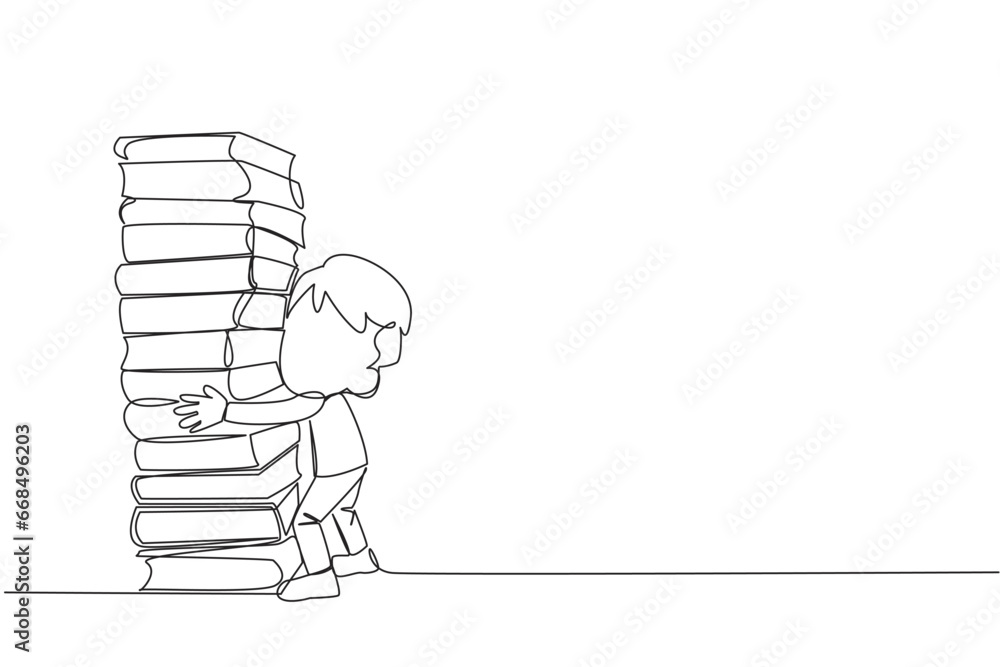 Poster continuous one line drawing boy hugging a very high pile of books. hobby to collecting and reading b