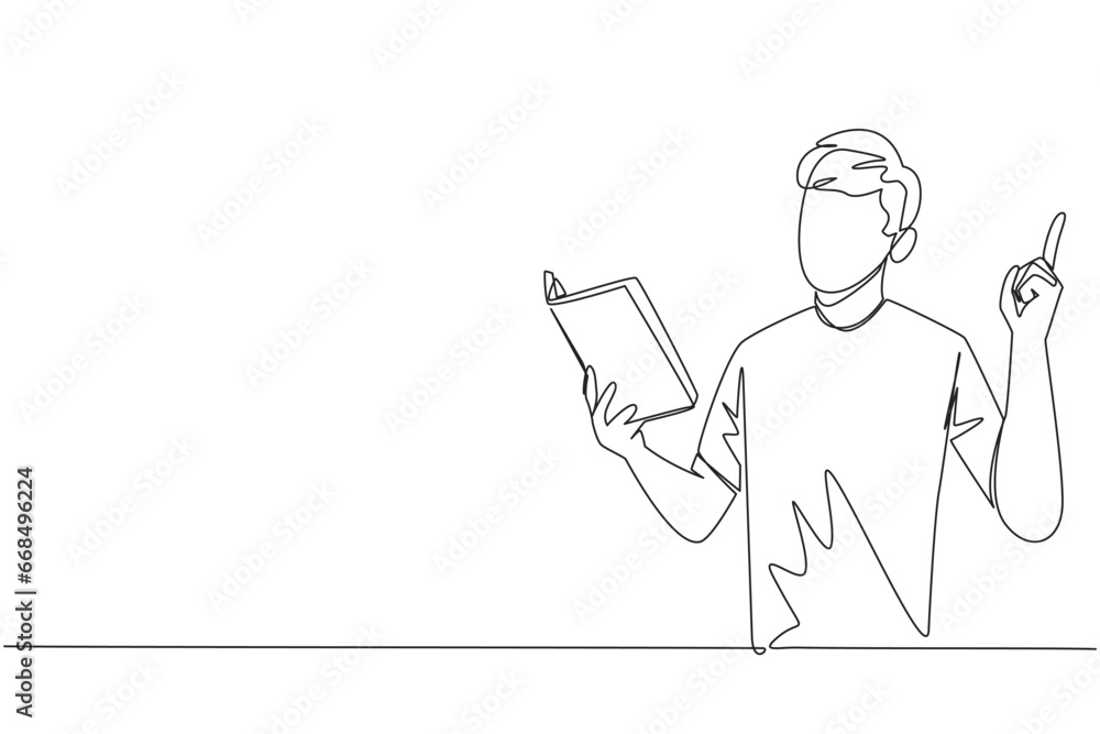 Poster continuous one line drawing man standing reading book. gesture gets the idea. books can see from dif